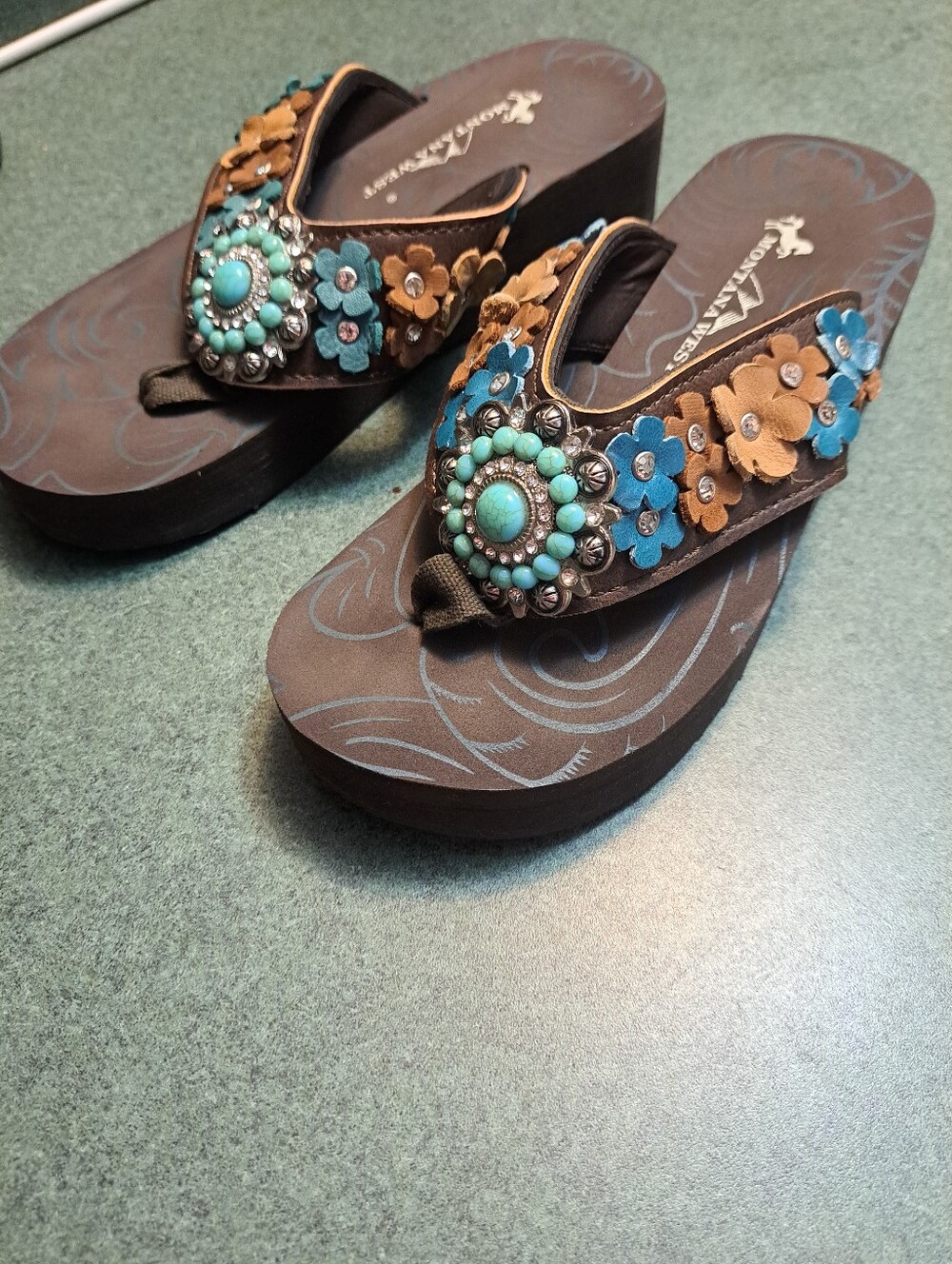 Montana West Brown Wedge Sandals with Turquoise Floral Accents